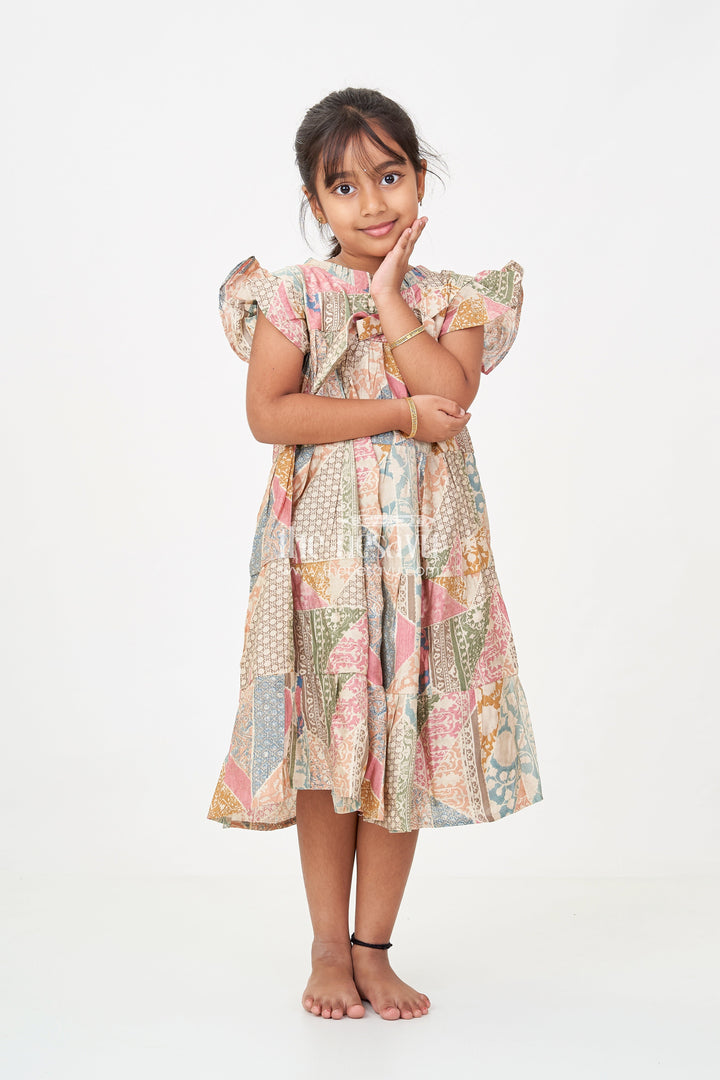 The Nesavu Girls Cotton Frock Kids Frock in Modal Silk with Multicolor Digital Print and Tiered Design for Girls Nesavu 18 (2Y) / Green GFC1694A-18 Nesavu Kids Frock Girls Multicolor Modal Silk Digital Print Tiered Bow Design