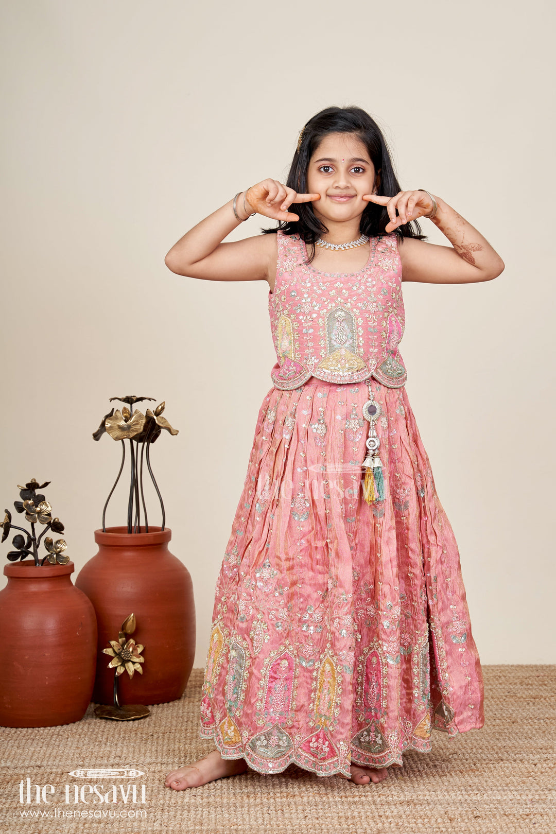 The Nesavu Girls Lehenga Choli Kids Lehenga Choli Set for Elegant Family Celebrations in Pink with Heavy Embroidery and Traditional Motifs Nesavu 18 (2Y) / Pink GL619B-18 Nesavu Pink Embroidered Lehenga Choli Set Kids Mirror Traditional Motif Design