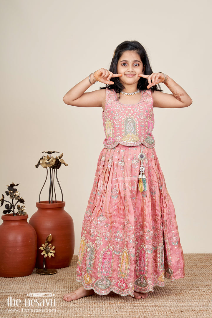 The Nesavu Girls Lehenga Choli Kids Lehenga Choli Set for Elegant Family Celebrations in Pink with Heavy Embroidery and Traditional Motifs Nesavu 18 (2Y) / Pink GL619B-18 Nesavu Pink Embroidered Lehenga Choli Set Kids Mirror Traditional Motif Design