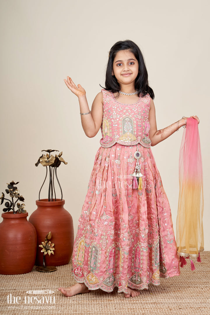 The Nesavu Girls Lehenga Choli Kids Lehenga Choli Set for Elegant Family Celebrations in Pink with Heavy Embroidery and Traditional Motifs Nesavu Nesavu Pink Embroidered Lehenga Choli Set Kids Mirror Traditional Motif Design