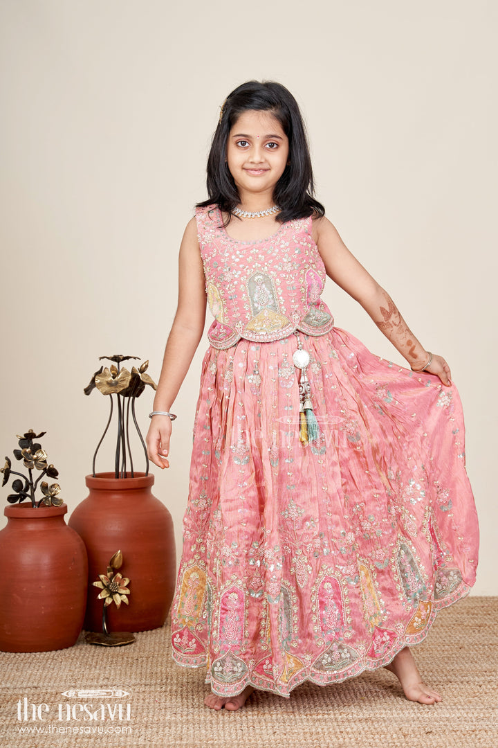 The Nesavu Girls Lehenga Choli Kids Lehenga Choli Set for Elegant Family Celebrations in Pink with Heavy Embroidery and Traditional Motifs Nesavu Nesavu Pink Embroidered Lehenga Choli Set Kids Mirror Traditional Motif Design