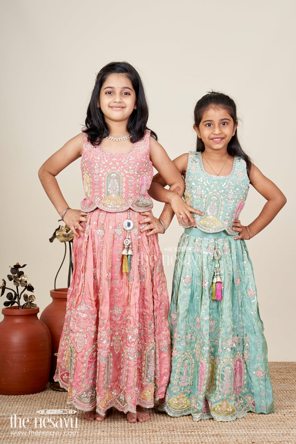 The Nesavu Girls Lehenga Choli Kids Lehenga Choli Set for Elegant Family Celebrations in Pink with Heavy Embroidery and Traditional Motifs Nesavu Nesavu Pink Embroidered Lehenga Choli Set Kids Mirror Traditional Motif Design