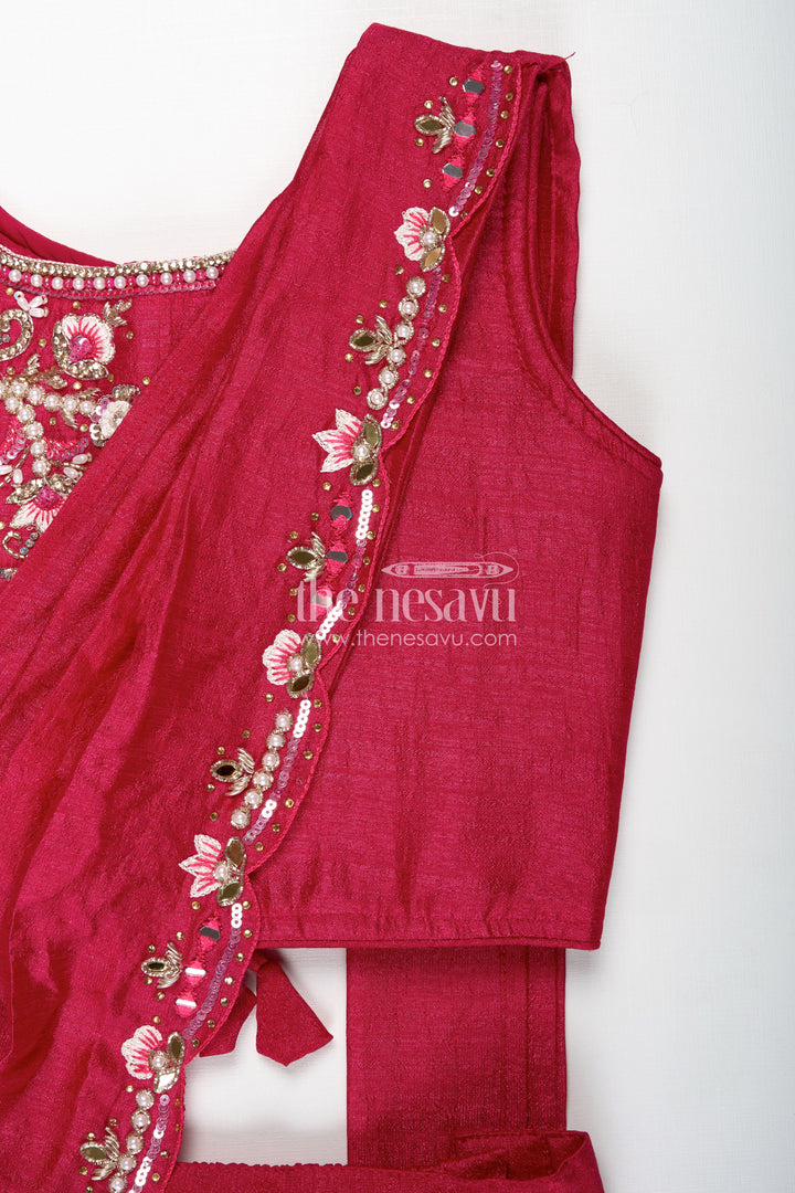 The Nesavu Girls Lehenga Choli Kids Lehenga Choli Set for Girls in Maroon Georgette with Embroidered Blouse and Matching Dupatta Nesavu Nesavu Kids Maroon Lehenga Choli Set Girls Georgette Embroidered Blouse Dupatta