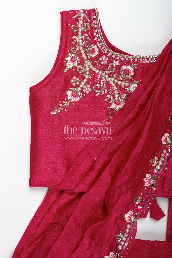 The Nesavu Girls Lehenga Choli Kids Lehenga Choli Set for Girls in Maroon Georgette with Embroidered Blouse and Matching Dupatta Nesavu Nesavu Kids Maroon Lehenga Choli Set Girls Georgette Embroidered Blouse Dupatta