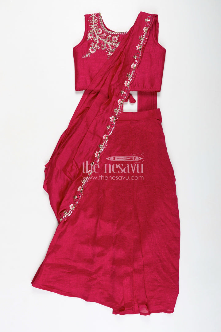 The Nesavu Girls Lehenga Choli Kids Lehenga Choli Set for Girls in Maroon Georgette with Embroidered Blouse and Matching Dupatta Nesavu Nesavu Kids Maroon Lehenga Choli Set Girls Georgette Embroidered Blouse Dupatta