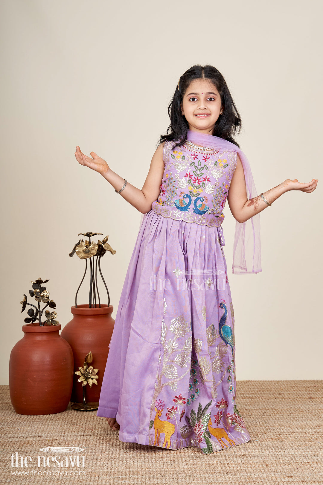 The Nesavu Girls Ethnic Lehenga Kids Lehenga with Dupatta in Lavender Kora Silk Cotton and Peacock Embroidery for Elegant Festive Wear Nesavu 24 (5Y) / Purple GL650C-24 Nesavu Lavender Kids Lehenga Dupatta Kora Silk Cotton Peacock Thread Embroidery