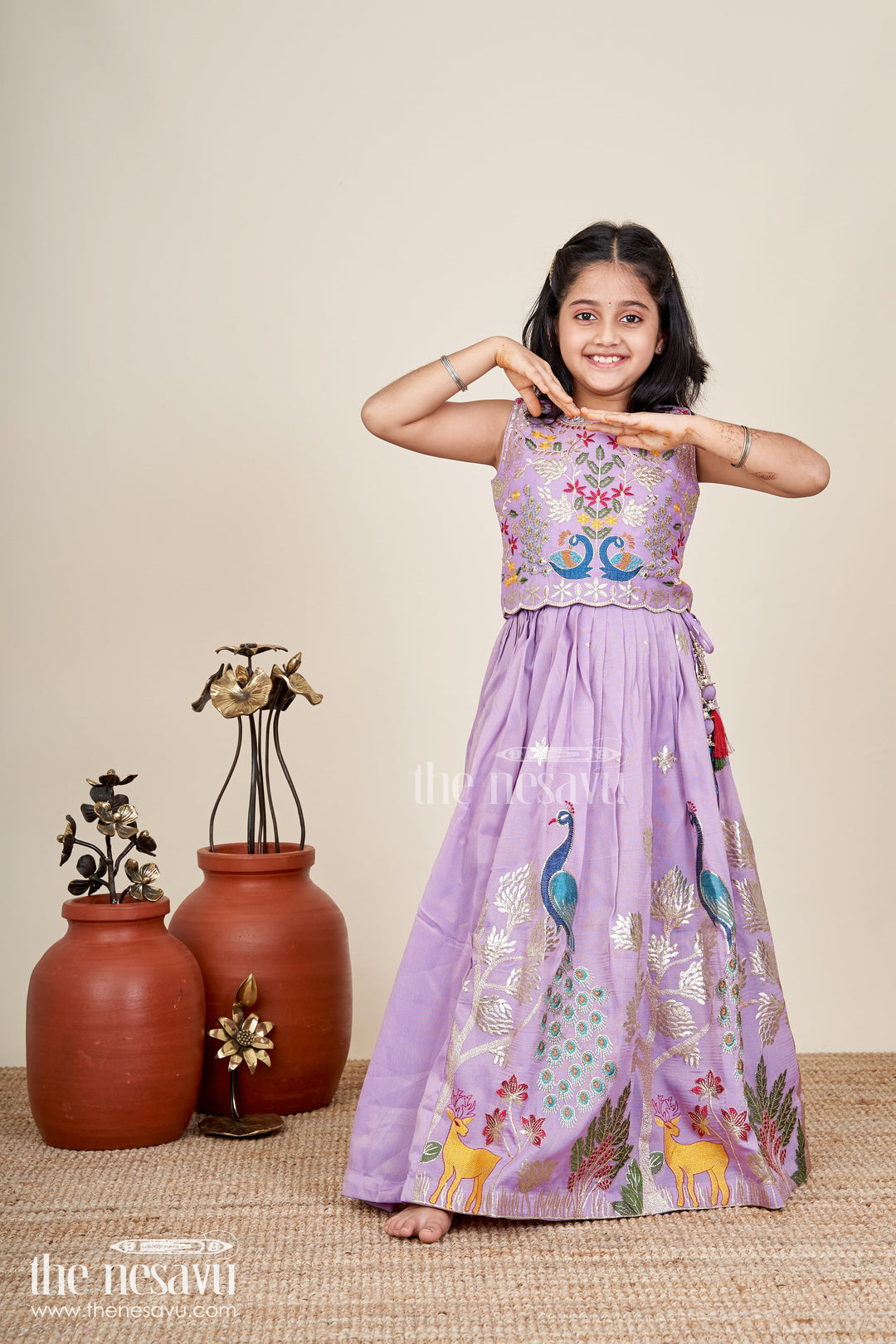 The Nesavu Girls Ethnic Lehenga Kids Lehenga with Dupatta in Lavender Kora Silk Cotton and Peacock Embroidery for Elegant Festive Wear Nesavu Nesavu Lavender Kids Lehenga Dupatta Kora Silk Cotton Peacock Thread Embroidery