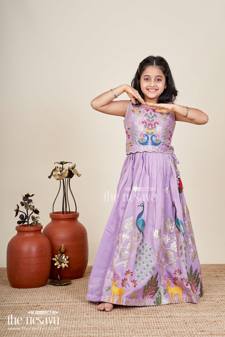 The Nesavu Girls Ethnic Lehenga Kids Lehenga with Dupatta in Lavender Kora Silk Cotton and Peacock Embroidery for Elegant Festive Wear Nesavu Nesavu Lavender Kids Lehenga Dupatta Kora Silk Cotton Peacock Thread Embroidery