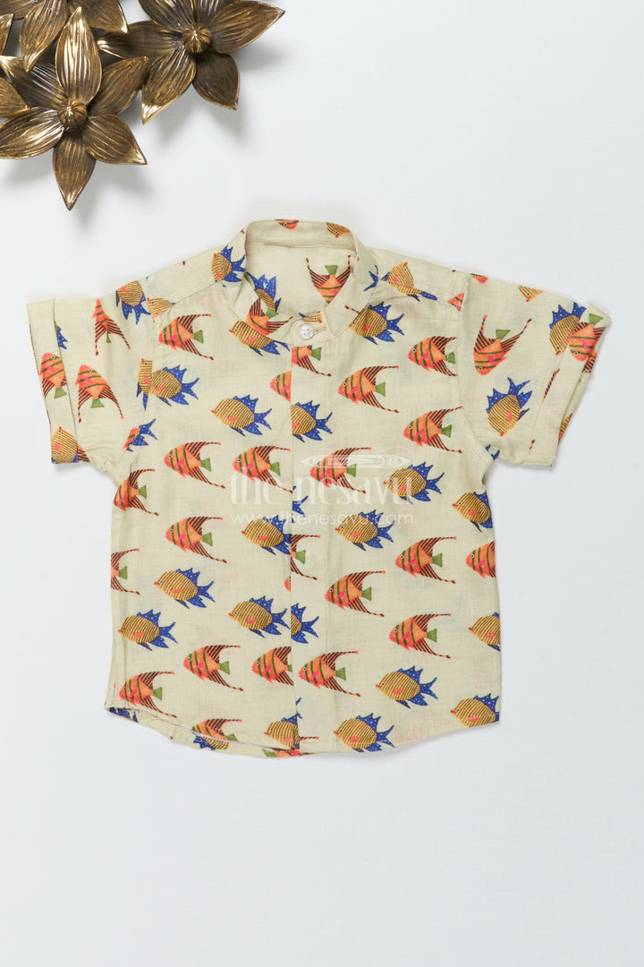 The Nesavu Boys Linen Shirt Kids Linen Printed Shirt for Beach Holidays and Casual Days Nesavu 16 (1Y) / Multicolor BS376A-16 Nesavu kids linen shirt with colorful fish print for casual summer wear and vacations