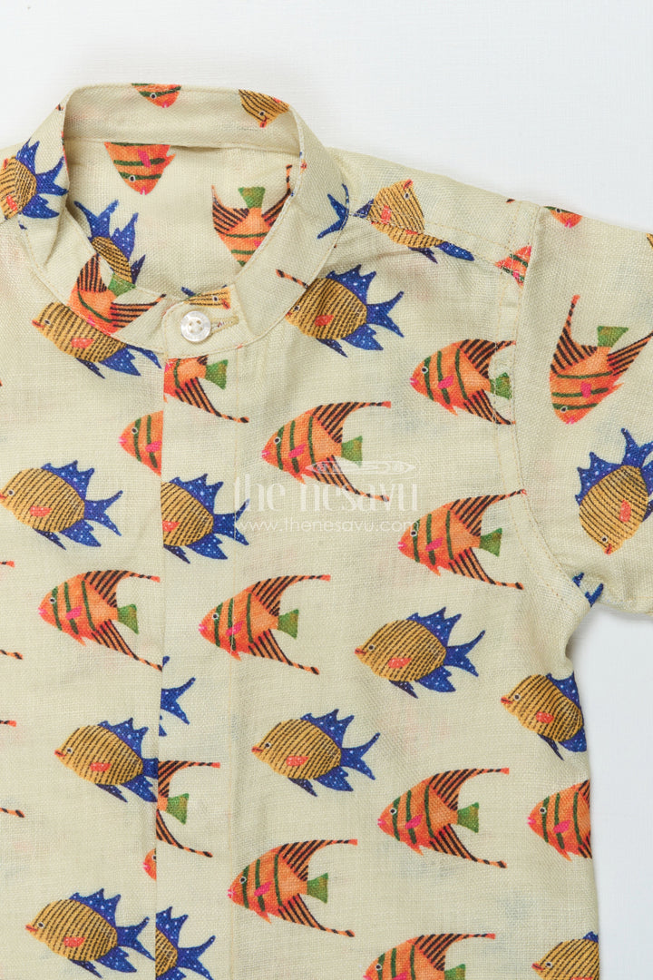 The Nesavu Boys Linen Shirt Kids Linen Printed Shirt for Beach Holidays and Casual Days Nesavu Nesavu kids linen shirt with colorful fish print for casual summer wear and vacations