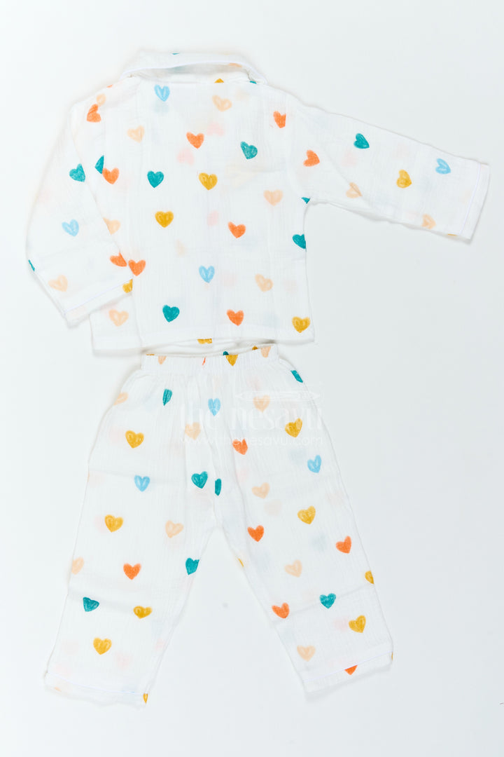 The Nesavu Night Dress Kids Muslin Night Suit for Bedtime Comfort and Relaxed Sleep Nesavu Nesavu Kids Muslin Night Suit For Bedtime Sleepovers With Heart Print Shirt And Full Length Pajama