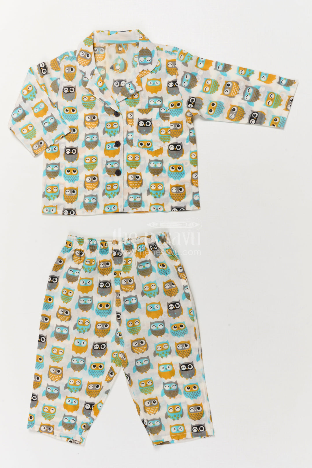 The Nesavu Night Dress Kids Owl Print Cotton Night Suit for Fun Bedtime Routines Nesavu 16 (1Y) / Multicolor / Cotton NS048A-16 Nesavu kids cotton night suit with owl print – breathable two-piece sleepwear for toddlers