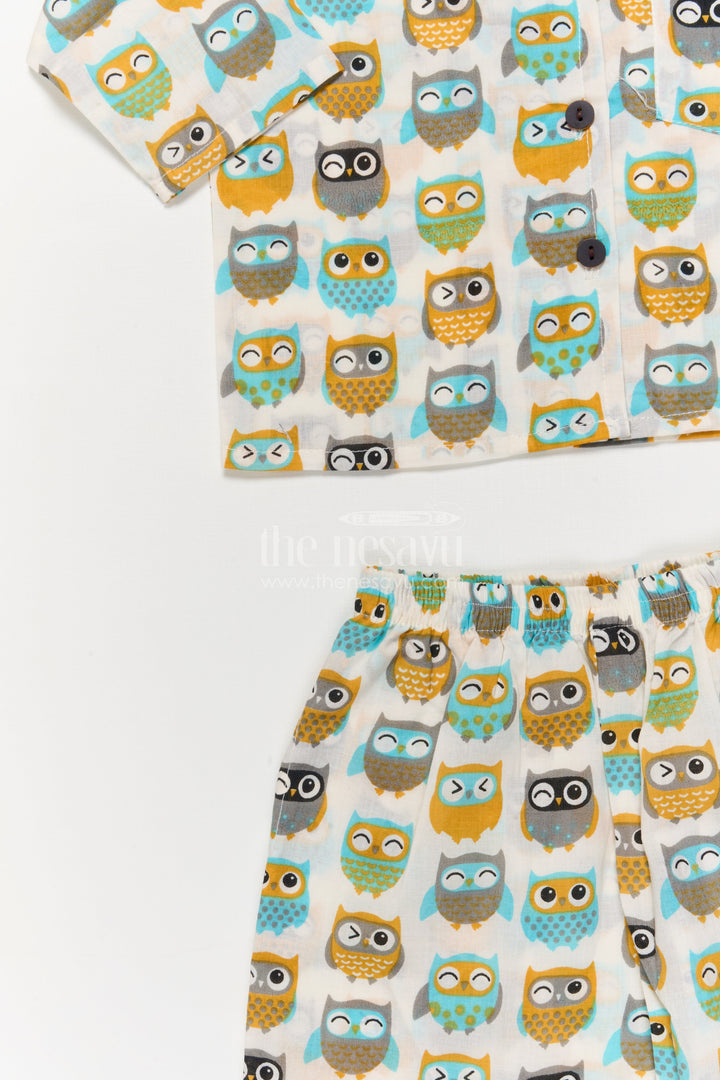 The Nesavu Night Dress Kids Owl Print Cotton Night Suit for Fun Bedtime Routines Nesavu Nesavu kids cotton night suit with owl print – breathable two-piece sleepwear for toddlers