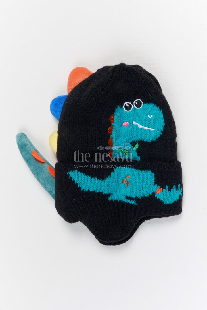 The Nesavu Baby Accessories Kids Rib Knit Beanie Cap with Fun Dinosaur Design Nesavu Black / Rib Knit IA002F-8 Nesavu Kids Black Rib Knit Beanie Cap With Dinosaur Design | New Born To 6 Months