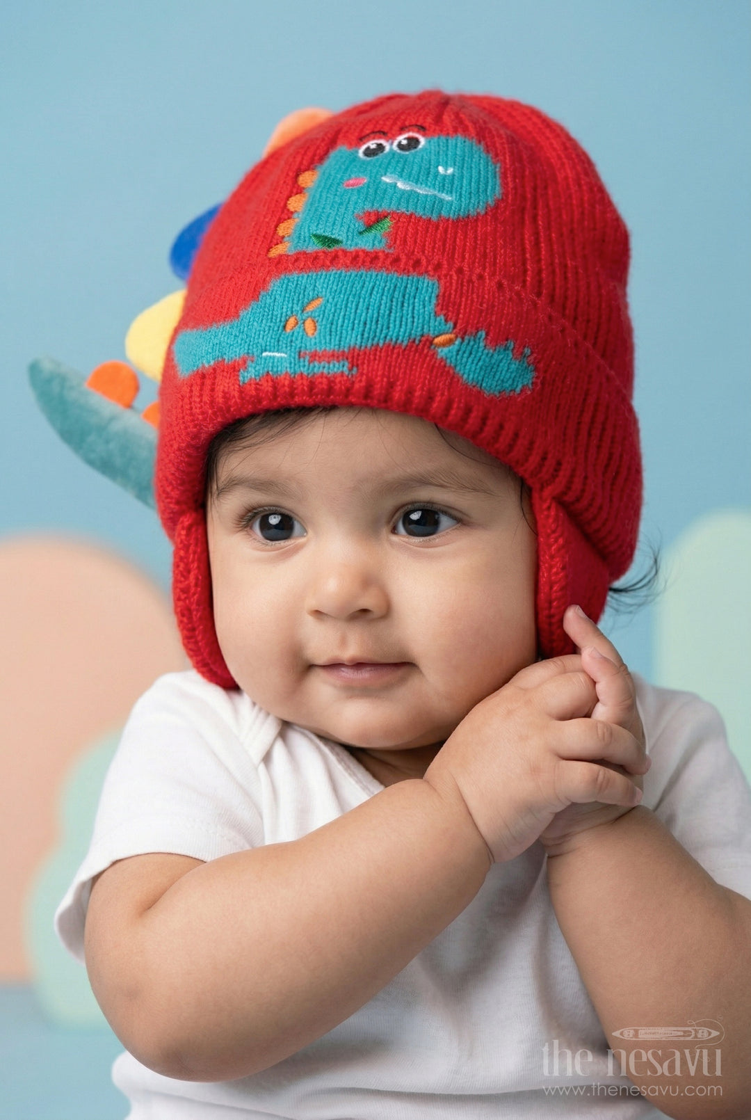 The Nesavu Baby Accessories Kids Rib Knit Beanie Cap with Playful Dinosaur Motif Nesavu Red / Rib Knit IA002C-8 Nesavu Kids Red Rib Knit Beanie Cap With Dinosaur Design | New Born To 6 Months