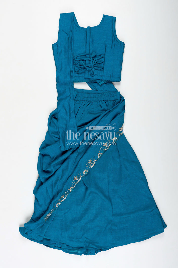 The Nesavu Girls Lehenga Choli Kids Saree Style Lehenga Choli for Family Functions in Teal Georgette with Designer Embroidery Nesavu Nesavu Saree Style Lehenga Choli Girls Teal Georgette Designer Embroidery Functions