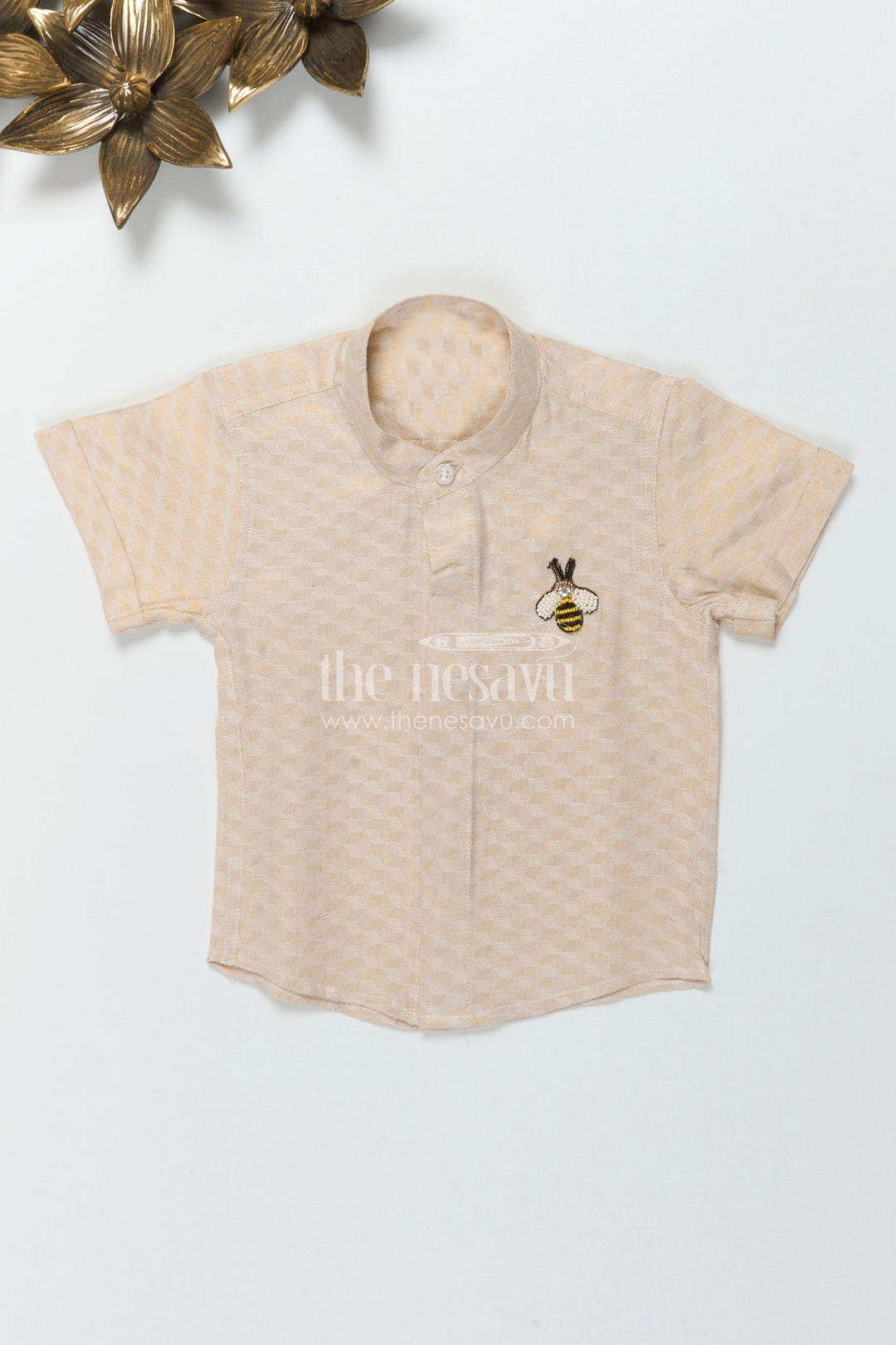 The Nesavu Boys Silk Shirt Kids Silk Shirt with Embossed Detailing for Festivals and Rituals Nesavu 16 (1Y) / Cream BS3786A-16 Nesavu kids embossed tissue silk shirt for traditional functions and festive rituals
