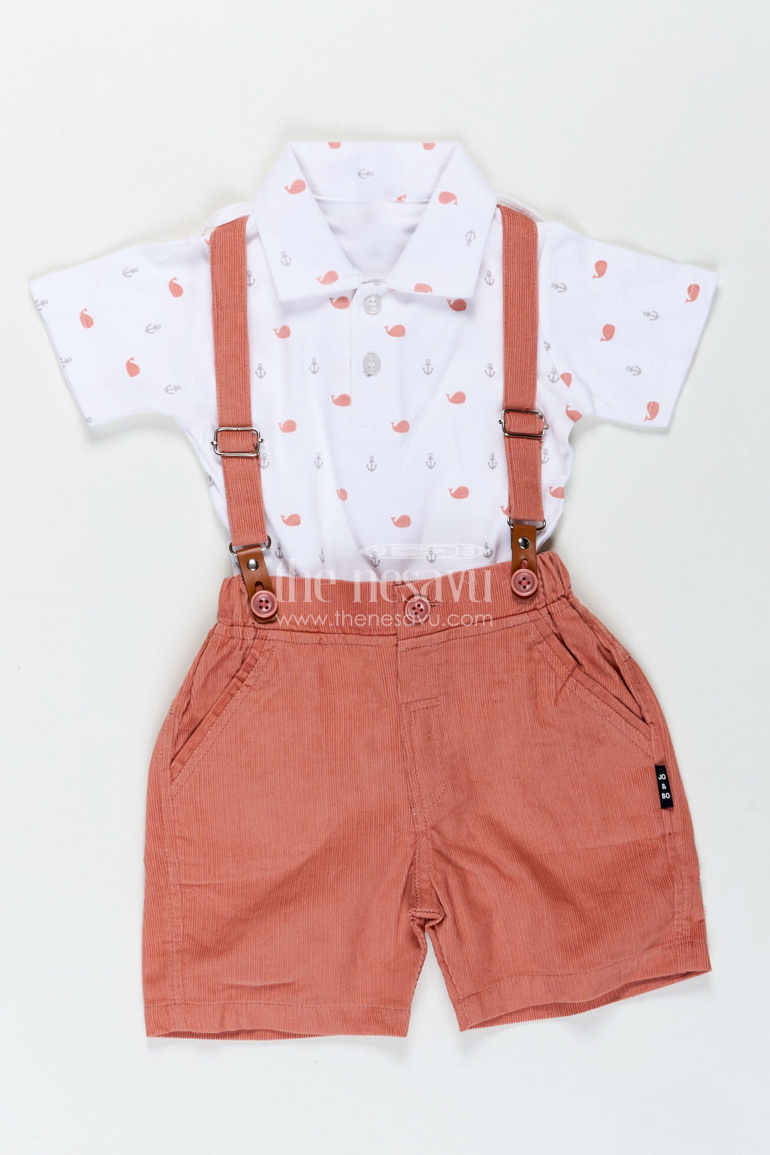 The Nesavu Boys Casual Set Kids Summer Special Dress with Printed Polo Shirt and Rust Corduroy Shorts for Breezy Styling Nesavu 12 (3M) / Red BCS326A-12 Nesavu Kids Summer Special Dress Printed Polo Shirt Rust Corduroy Shorts Casual Outings