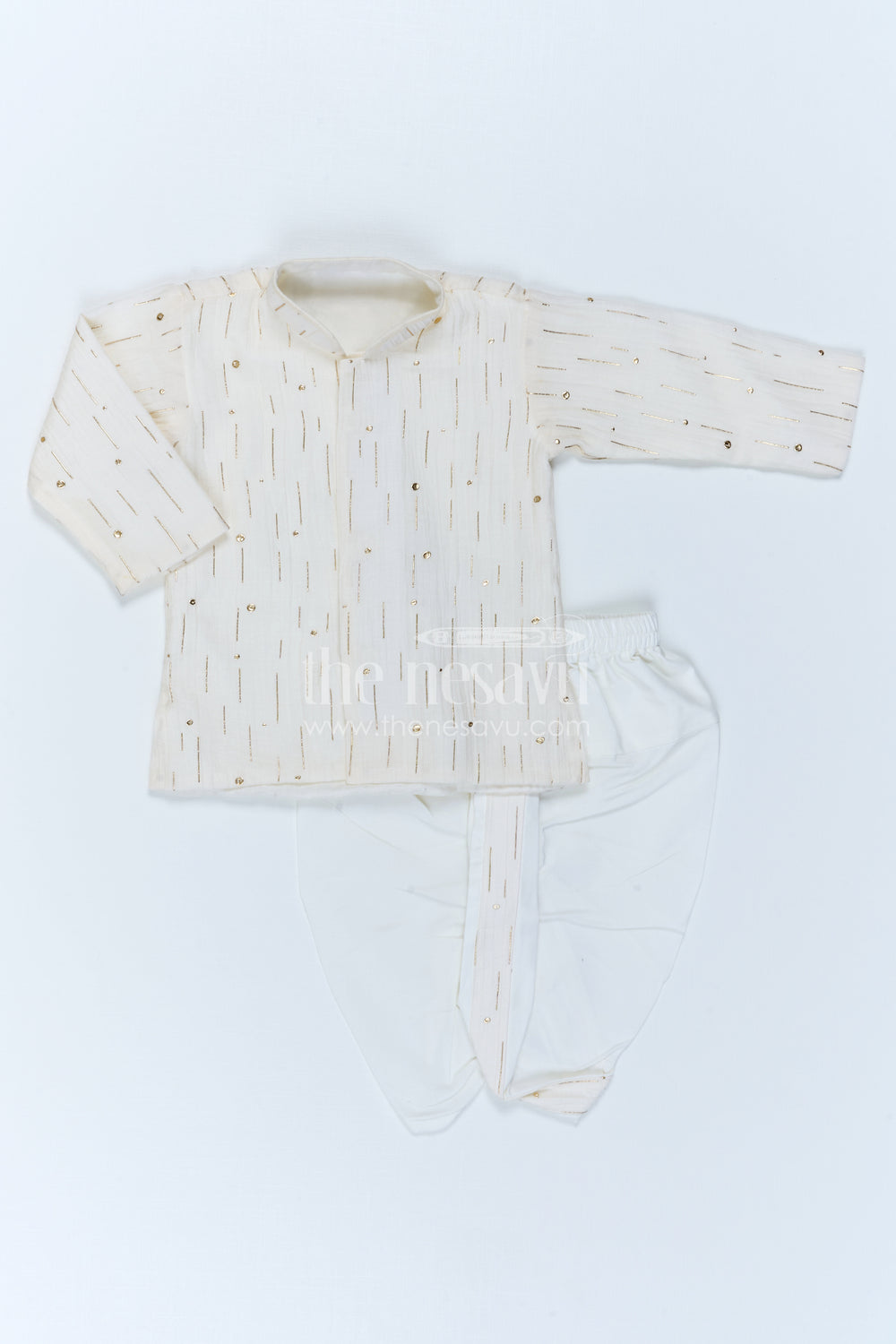 The Nesavu Boys Dothi Set Kids Traditional Dothi Set for Pooja and Temple Functions Nesavu 10 (NB) / Half white / Viscose Silk BES1021A-10 Nesavu Kids Traditional Dothi Set With Foil Embellished Kurta For Pooja And Festive Events
