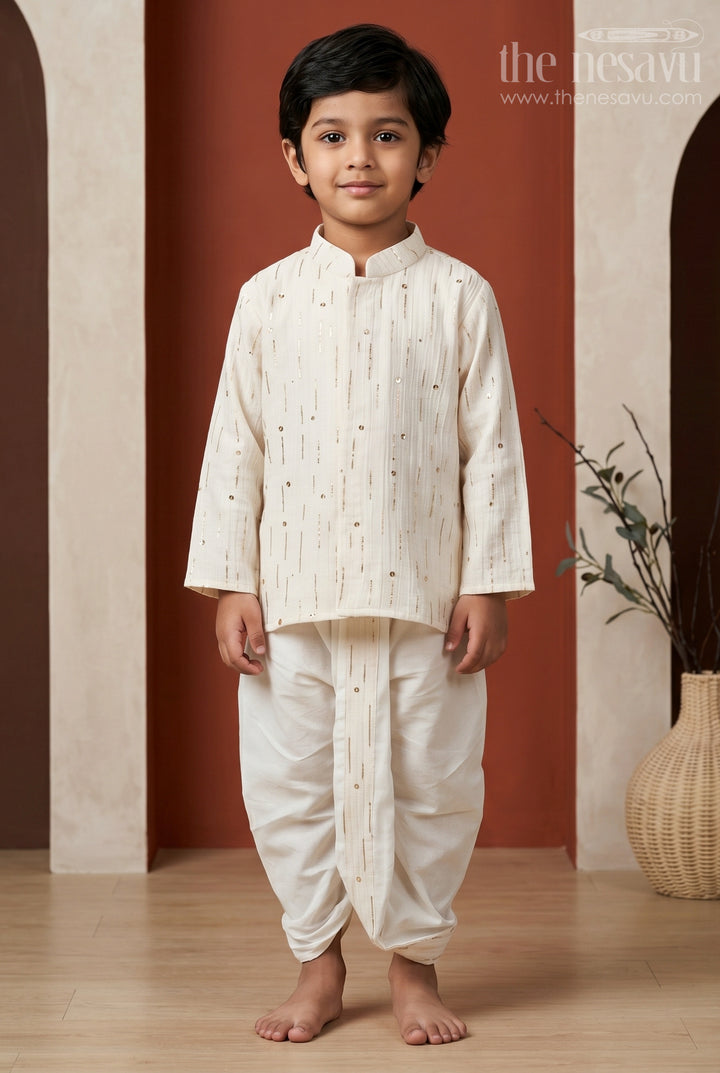 The Nesavu Boys Dothi Set Kids Traditional Dothi Set for Pooja and Temple Functions Nesavu 10 (NB) / Half white / Viscose Silk BES1021A-10 Nesavu Kids Traditional Dothi Set With Foil Embellished Kurta For Pooja And Festive Events