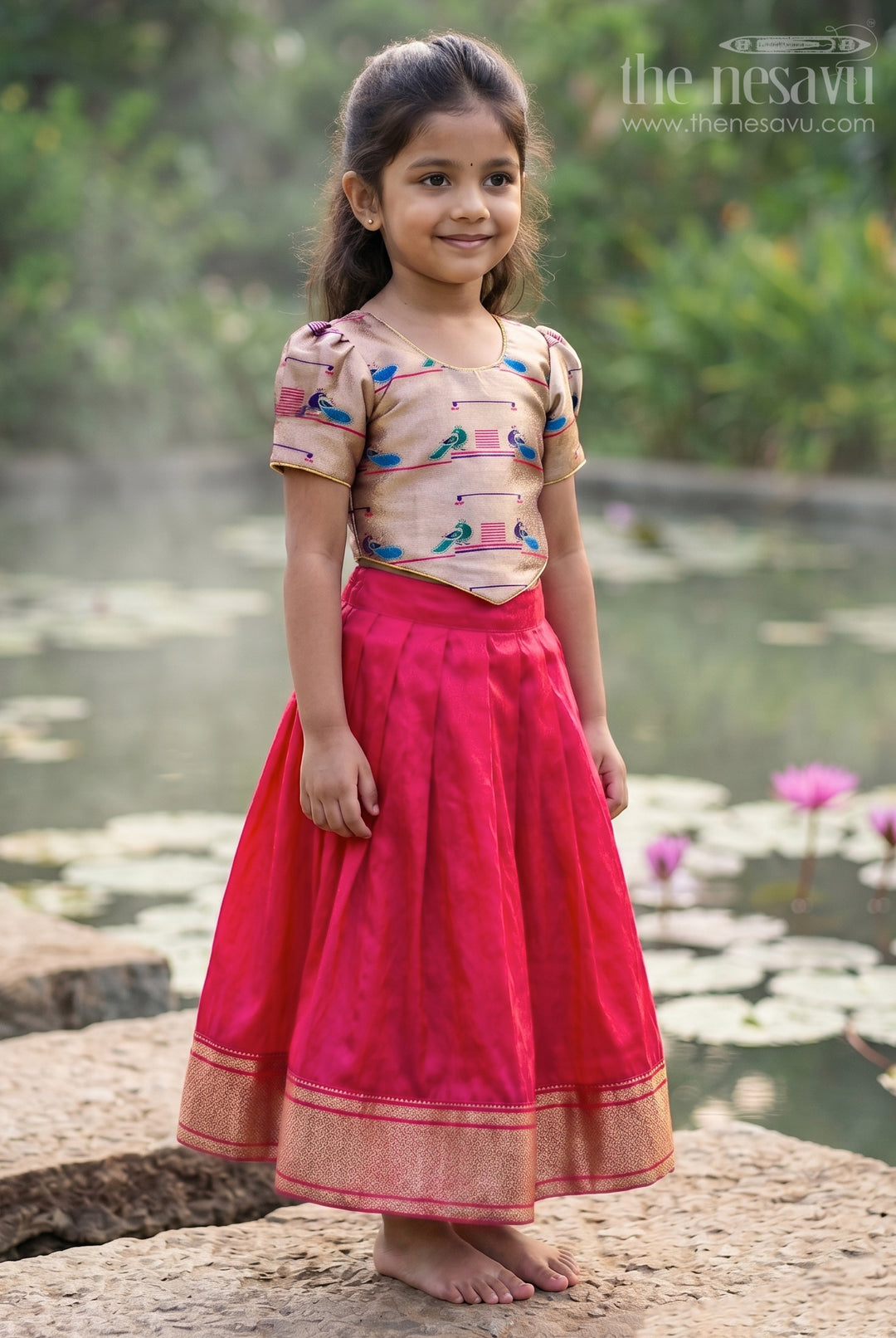 The Nesavu Pattu Pavadai Kids Traditional Pattu Pavadai for Festive Family Occasions Nesavu 18 (2Y) / Pink / Raw Silk GPP393C-18 Nesavu Kids Traditional Pattu Pavadai With Paithani Woven Blouse For Festive Occasions