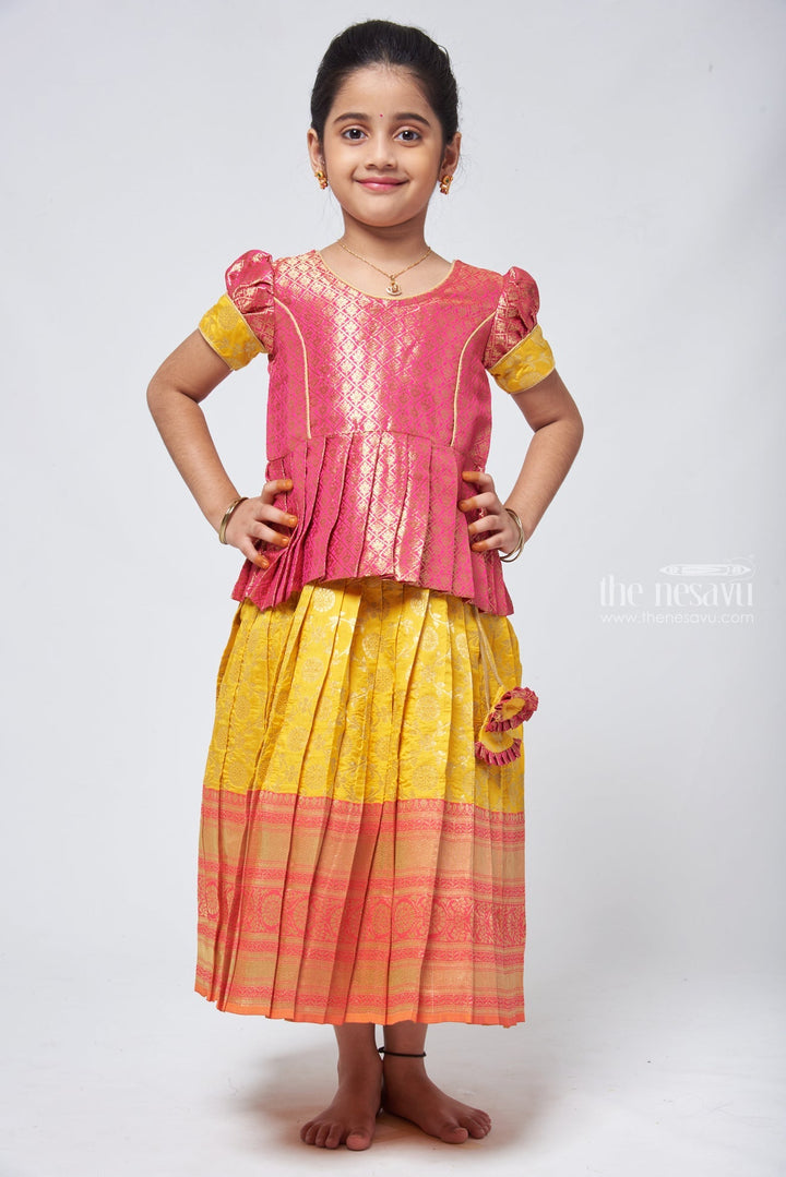 The Nesavu Pattu Pavadai Langa Brocade Peplum Blouse paired with Banarasi Pattu Pavadai Chattai - Traditional Silk Dress for Girls Nesavu 24 (5Y) / Yellow / Silk Blend GPP310A-24 Traditional Girls Pavadai Sattai | Langa Voni Pattu Pavadai For Girls | The Nesavu