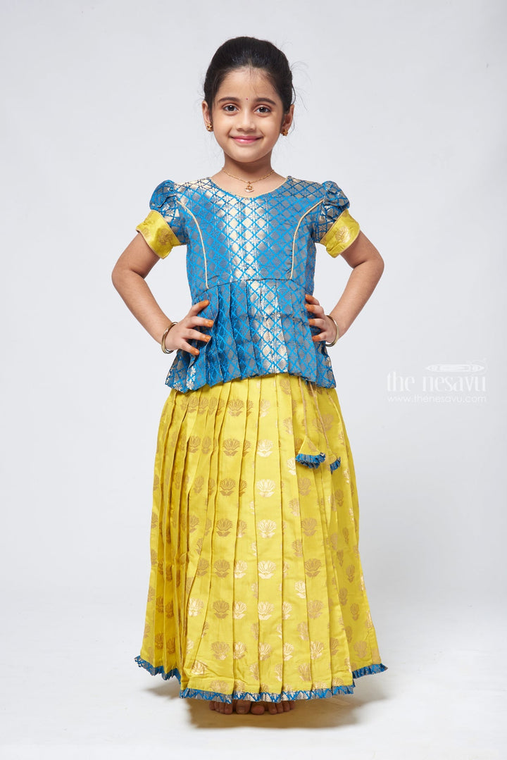 The Nesavu Pattu Pavadai Langa Voni Peplum Blouse with Zari Woven Pattu Langa - Perfect Silk Lehenga for Celebrations Nesavu 14 (6M) / Yellow / Silk Blend GPP309A-14 Pattu Langa Davani | Pavadai Sattai For Girls | The Nesavu