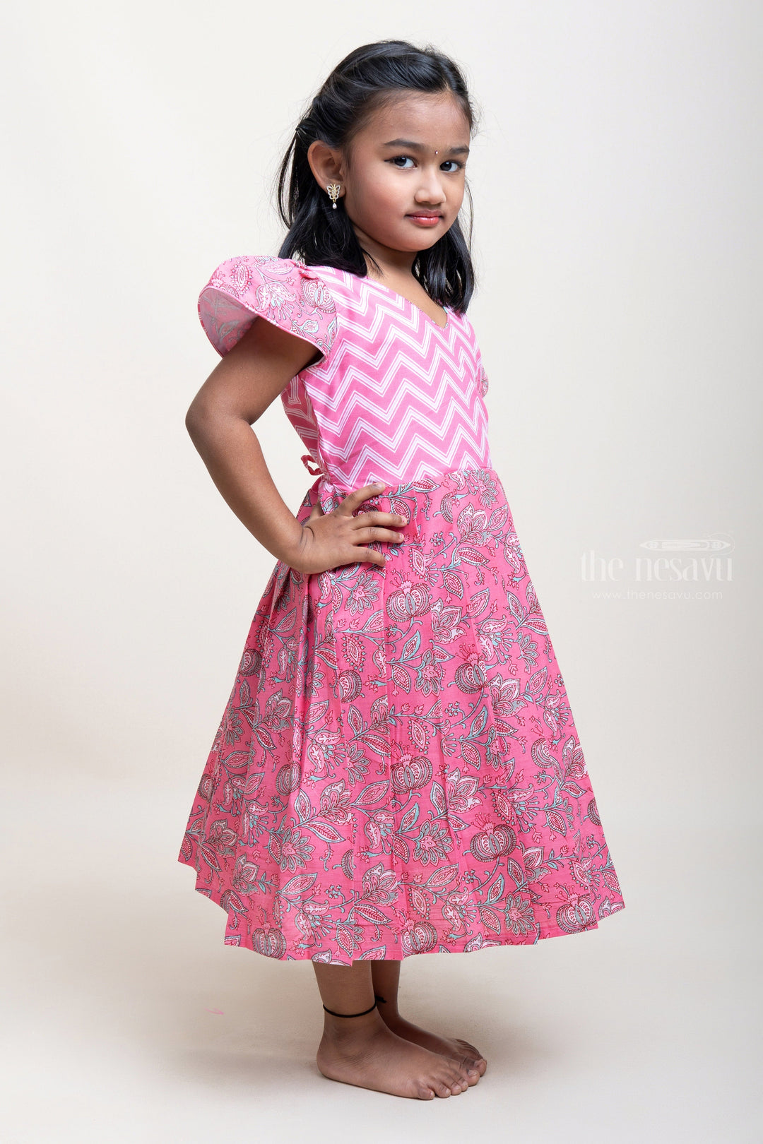 The Nesavu Girls Cotton Frock Latest Design Pink Cotton Frock For Girls With Cap Sleeves Nesavu Cap Sleeves Cotton Frocks| Best Design Dresses| The Nesavu