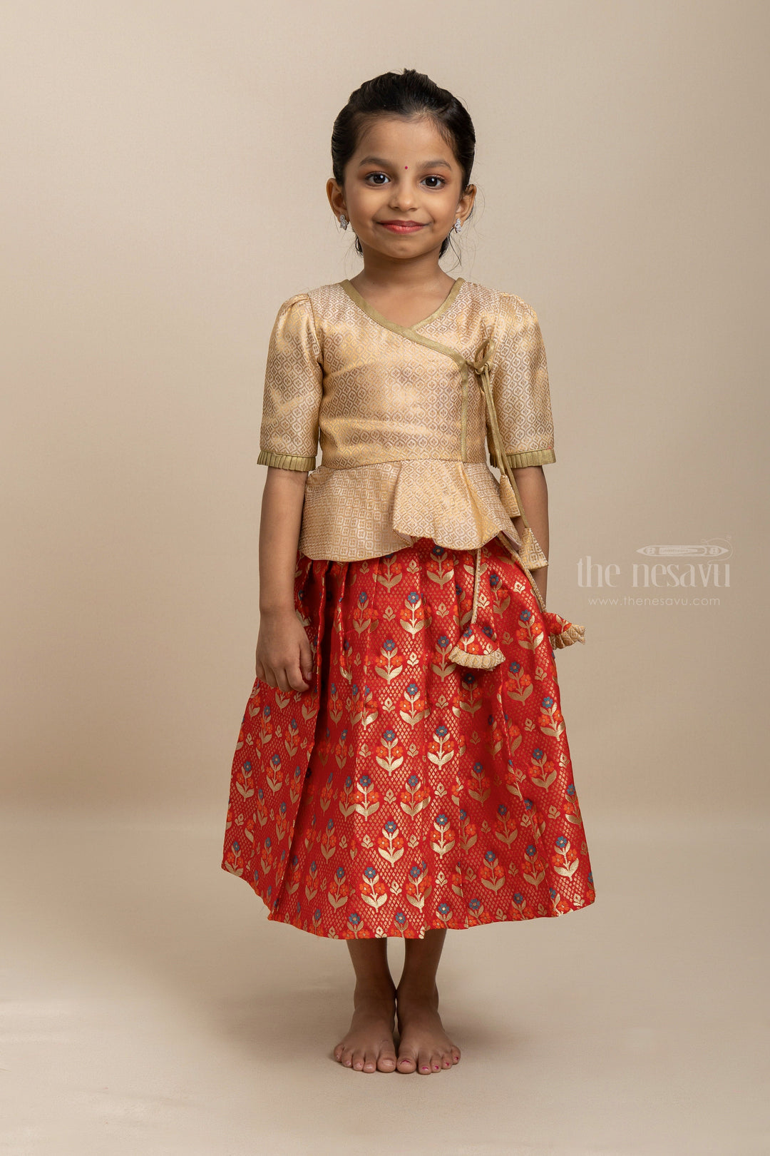 The Nesavu Pattu Pavadai Latest Designer Pattu Pavadai Sattai For Girls With Golden Peplum Blouse Nesavu 18 (2Y) / Beige GPP197-18 Girls Diwali Dress Ideas | Girls Traditional Indian Outfit | The Nesavu