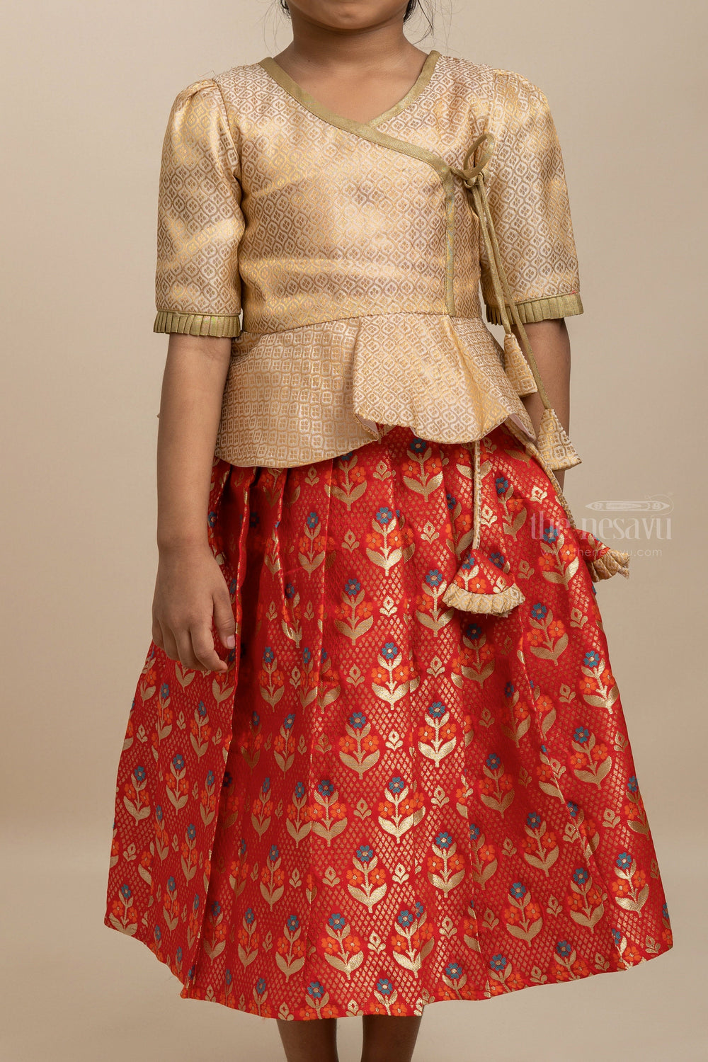 The Nesavu Pattu Pavadai Latest Designer Pattu Pavadai Sattai For Girls With Golden Peplum Blouse Nesavu Girls Diwali Dress Ideas | Girls Traditional Indian Outfit | The Nesavu