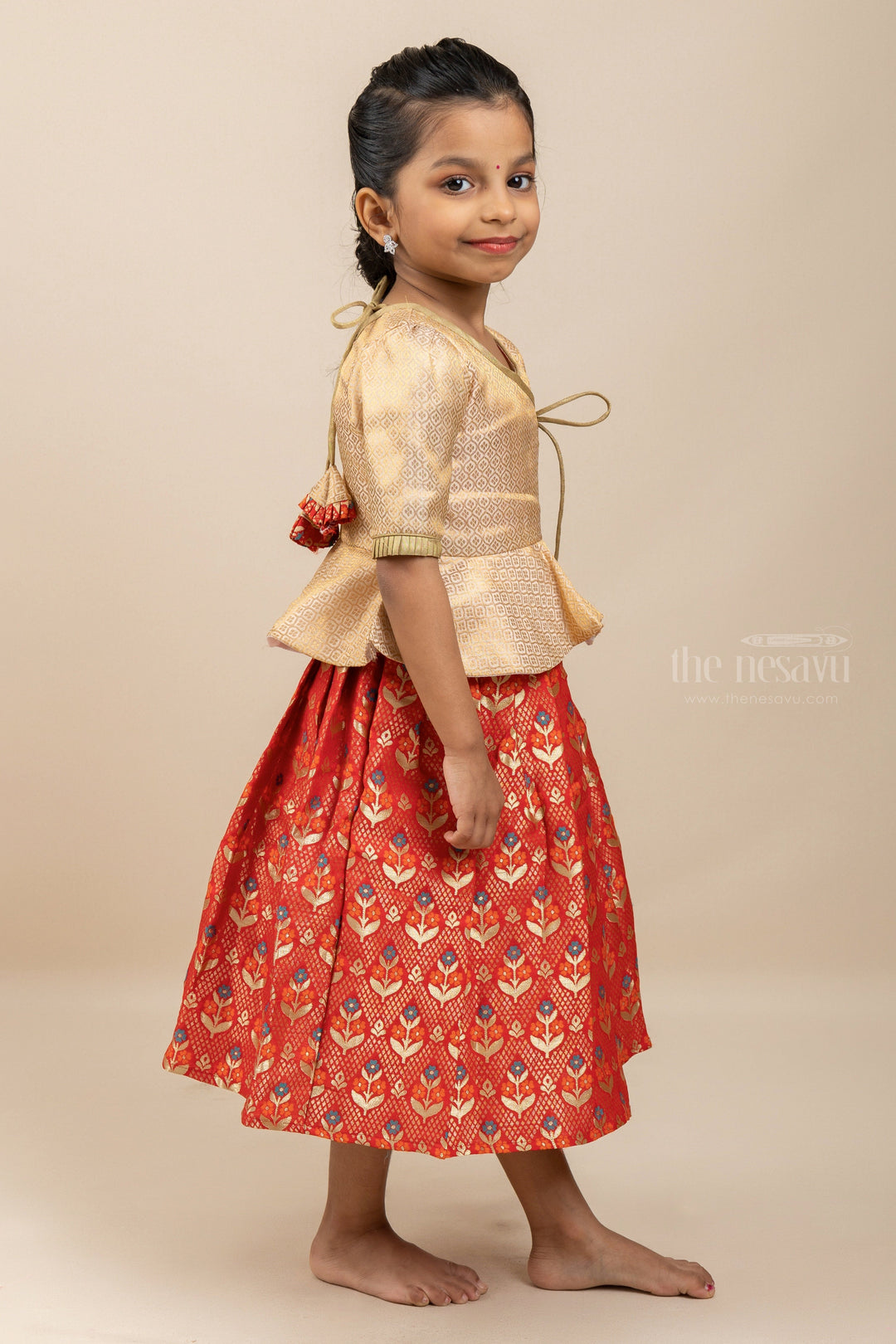 The Nesavu Pattu Pavadai Latest Designer Pattu Pavadai Sattai For Girls With Golden Peplum Blouse Nesavu Girls Diwali Dress Ideas | Girls Traditional Indian Outfit | The Nesavu