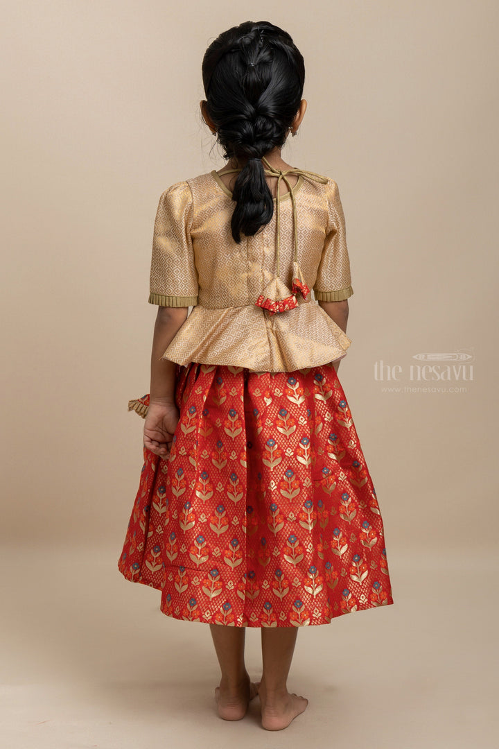 The Nesavu Pattu Pavadai Latest Designer Pattu Pavadai Sattai For Girls With Golden Peplum Blouse Nesavu Girls Diwali Dress Ideas | Girls Traditional Indian Outfit | The Nesavu