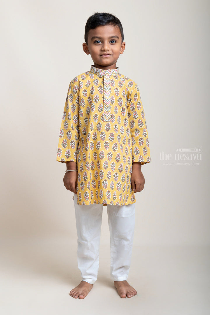 The Nesavu Boys Kurtha Set Latest Floral Printed And Designer Neck Yellow Cotton Kurta And Pyjama For Boys psr silks Nesavu 16 (1Y) / Yellow / Cotton BES273