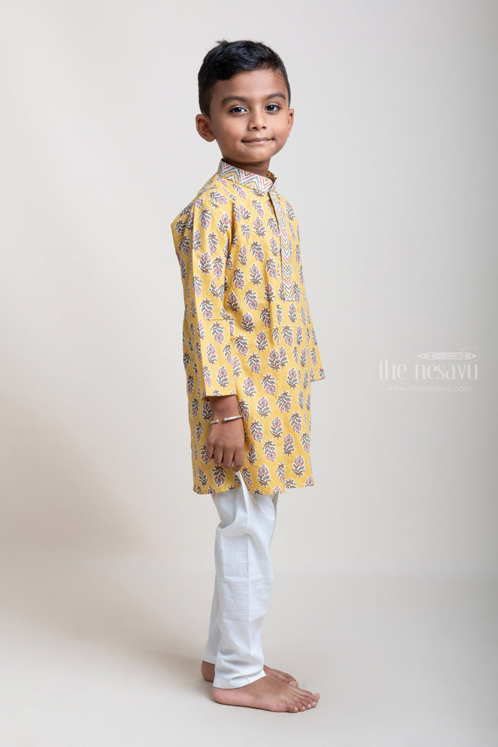 The Nesavu Boys Kurtha Set Latest Floral Printed And Designer Neck Yellow Cotton Kurta And Pyjama For Boys psr silks Nesavu