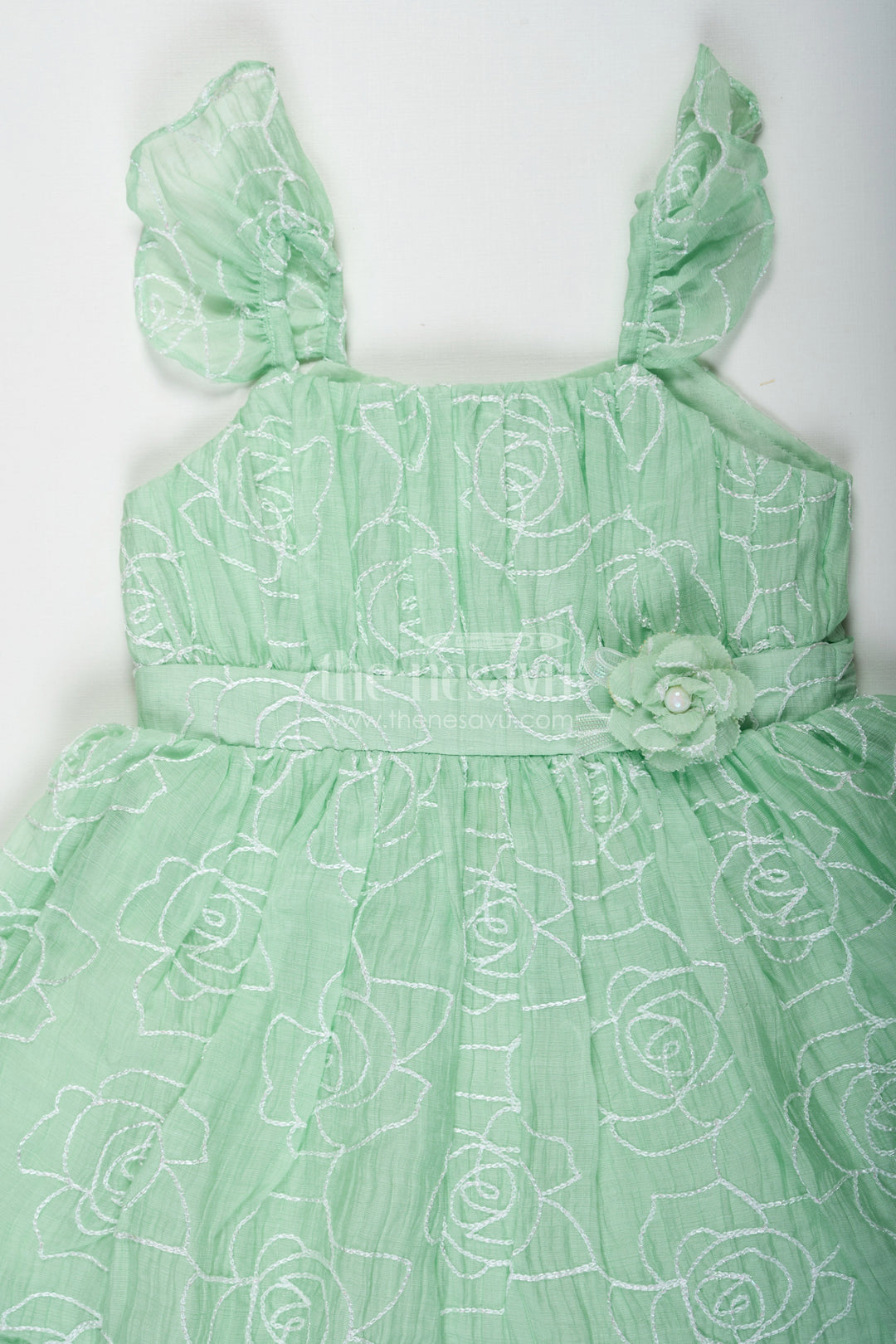 The Nesavu Baby Fancy Frock Latest Frock Designs for Baby Girls in Light Green Georgette with Rose Pattern Embroidery Nesavu Nesavu Latest Frock Designs Baby Girls Green Georgette Floral Embroidery