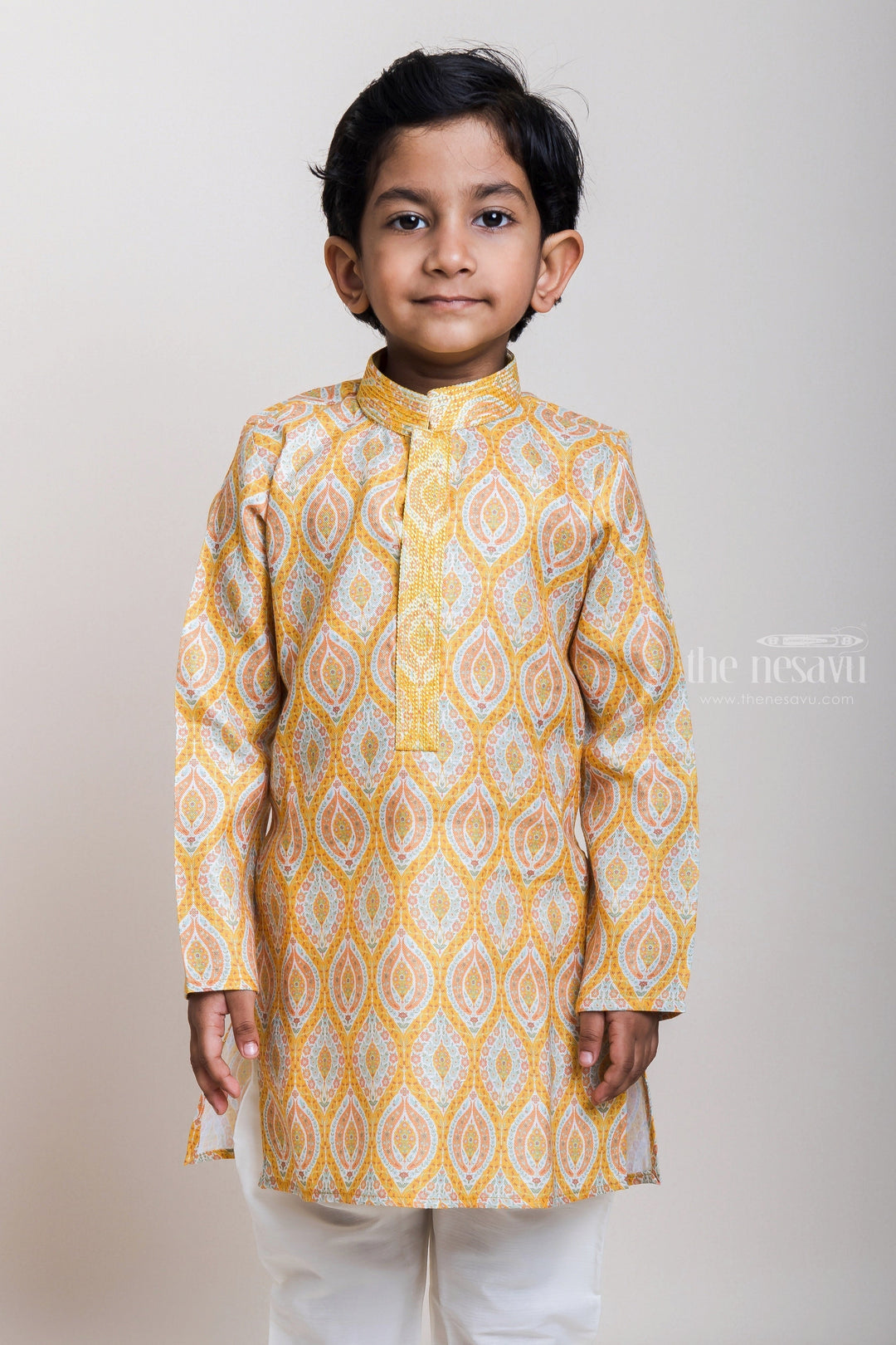 The Nesavu Boys Kurtha Set Latest Printed Yellow Cotton Kurta With Elastic Pyjama For Little Boys Nesavu Best Ethnic Wear Collection For Boys| Exclusive Designs| The Nesavu