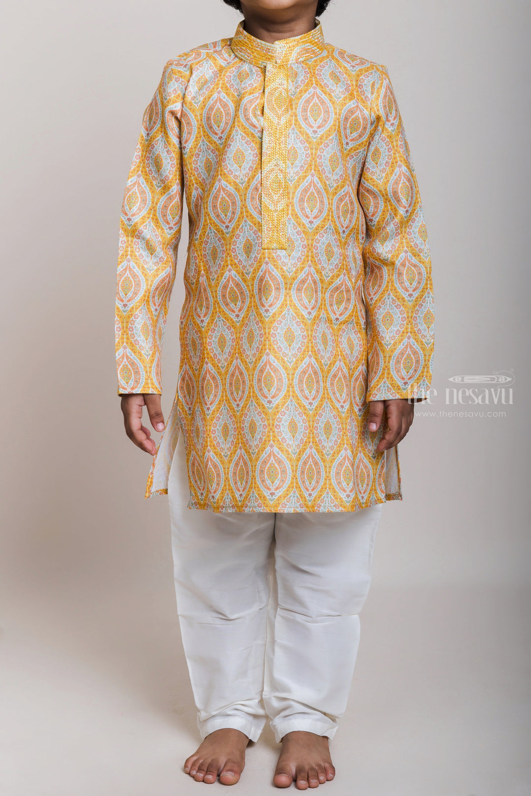 The Nesavu Boys Kurtha Set Latest Printed Yellow Cotton Kurta With Elastic Pyjama For Little Boys Nesavu Best Ethnic Wear Collection For Boys| Exclusive Designs| The Nesavu