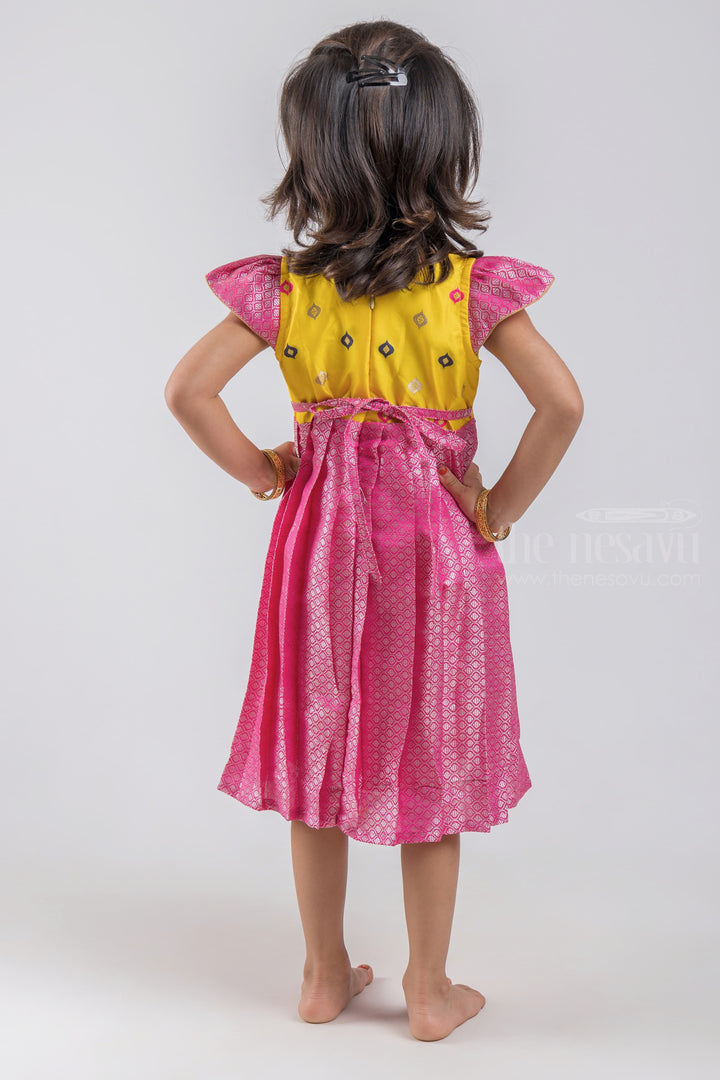 The Nesavu Silk Frock Latest Silver Zari Yellow With Pink Silk Frock For Baby Girls psr silks Nesavu