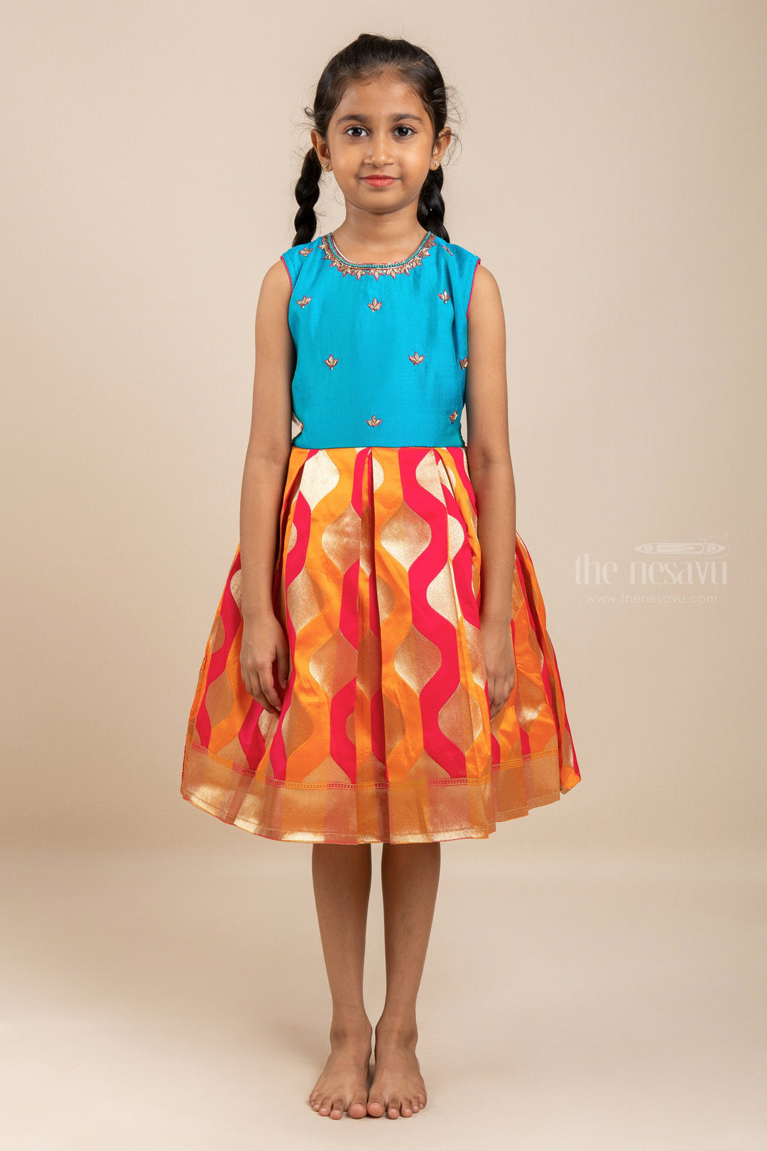 The Nesavu Silk Party Frock Latest Zari Designer Brocade Silk Gown With Contrasting Blue Hand Embroidery Yoke For Girls Nesavu 16 (1Y) / Gold SF429-16 Stylish Smart Ethnic Casuals | Girls Silk Cotton Dresses | The Nesavu