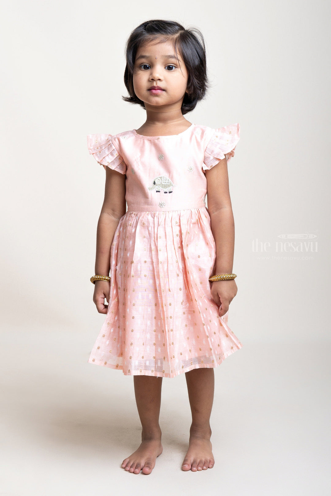 The Nesavu Girls Fancy Frock Lavender Cotton Frock With Thread Embroidery And Ruffle Sleeves Nesavu 16 (1Y) / Salmon / Chanderi GFC979A Girls Comfy Wear Casual Ideas | Latest Sleeveless Frocks For Girls | The Nesavu