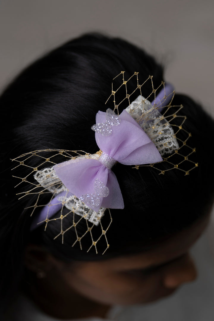 The Nesavu Hair Band Lavender Dream Butterfly Hairbow with Golden Lace Accents Nesavu Purple JHB79C Glitter Lavender Bow with Gold Lace | Hair Accessory for Stylish Outfits | The Nesavu