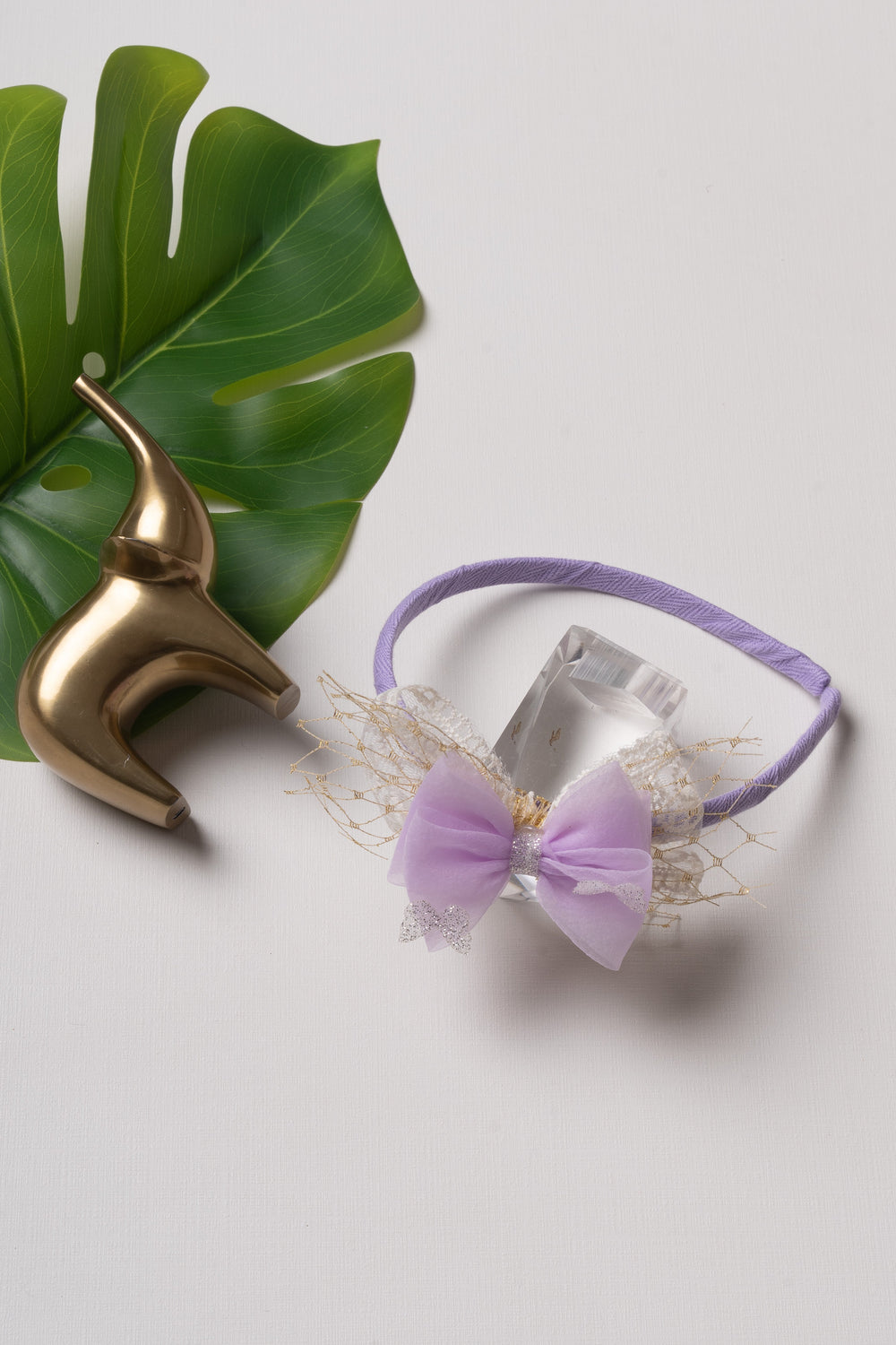 The Nesavu Hair Band Lavender Dream Butterfly Hairbow with Golden Lace Accents Nesavu Purple JHB79C Glitter Lavender Bow with Gold Lace | Hair Accessory for Stylish Outfits | The Nesavu
