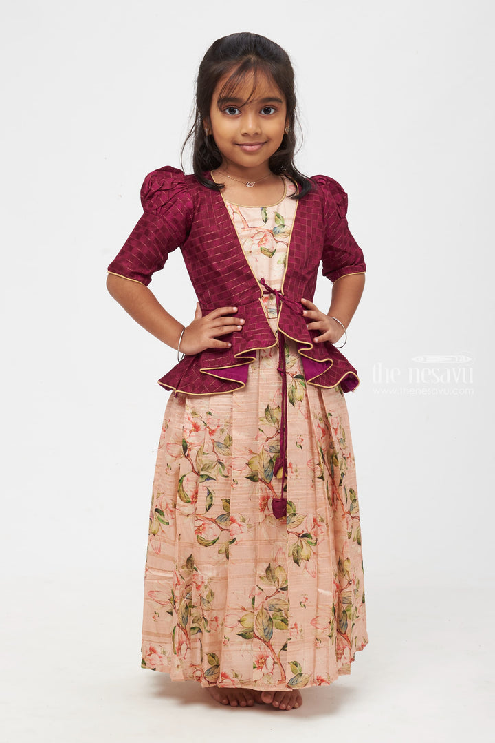 The Nesavu Girls Silk Gown Lavender Dream: Children's Plum Peplum Jacket & Pastel Floral Anarkali Dress Nesavu 16 (1Y) / Pink / Silk Blend GA180C-16 Regal Layers: Distinctive Anarkali Dresses with Overcoats | The Nesavu