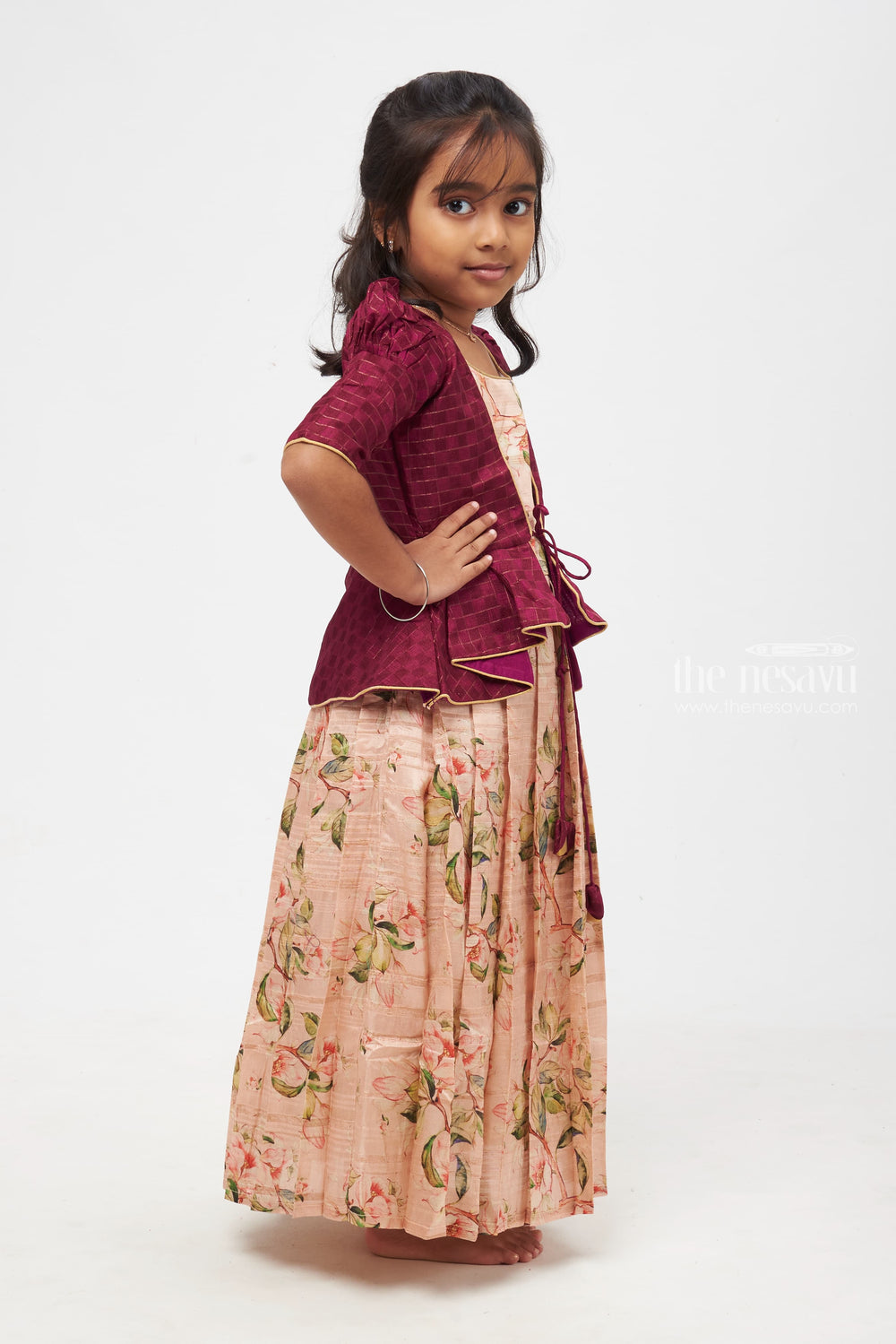The Nesavu Girls Silk Gown Lavender Dream: Children's Plum Peplum Jacket & Pastel Floral Anarkali Dress Nesavu Regal Layers: Distinctive Anarkali Dresses with Overcoats | The Nesavu