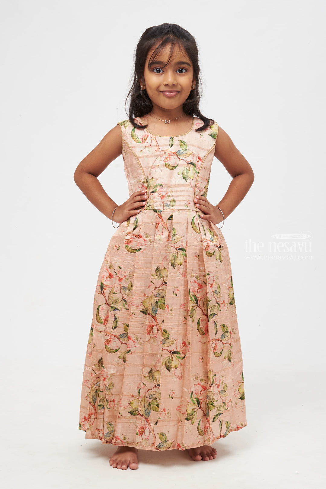 The Nesavu Girls Silk Gown Lavender Dream: Children's Plum Peplum Jacket & Pastel Floral Anarkali Dress Nesavu Regal Layers: Distinctive Anarkali Dresses with Overcoats | The Nesavu