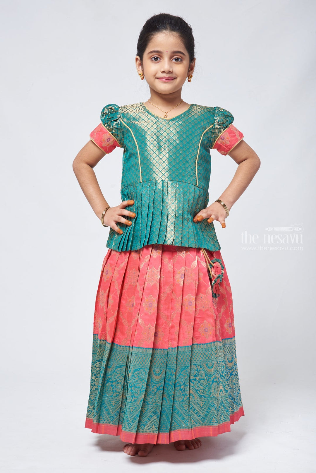 The Nesavu Pattu Pavadai Lavish Brocade Peplum Green Blouse with Zari Banarasi Pink Skirt: Classic Silk Beauty for Girls Nesavu 20 (3Y) / Pink / Big Border GPP294A-20 Zari Banarasi Pavadai chattai | Designer Pattu Pavadai | The Nesavu