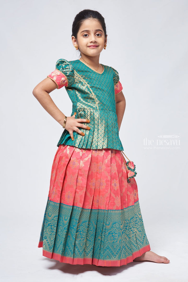 The Nesavu Pattu Pavadai Lavish Brocade Peplum Green Blouse with Zari Banarasi Pink Skirt: Classic Silk Beauty for Girls Nesavu Zari Banarasi Pavadai chattai | Designer Pattu Pavadai | The Nesavu