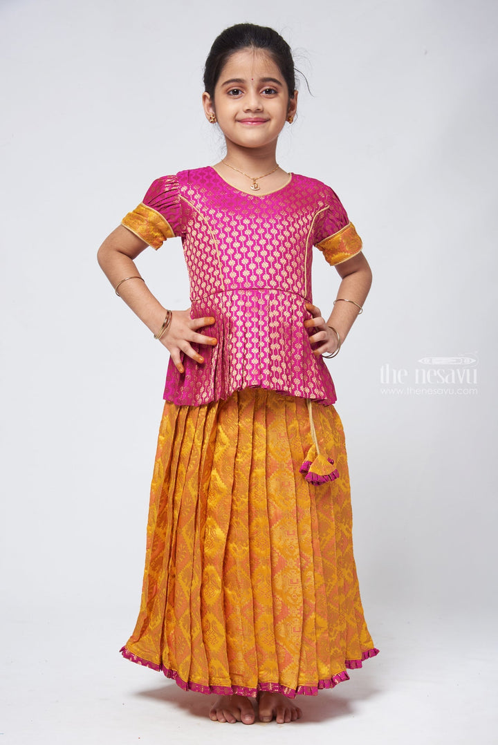 The Nesavu Pattu Pavadai Lavish Brocade Purple Peplum Top with Banarasi Yellow Silk Pavadai: South Indian Elegance Nesavu 14 (6M) / Yellow GPP300A-14 Pattu Pavadai with peplum blouse | Pattu Pavadai Latest Design | The Nesavu