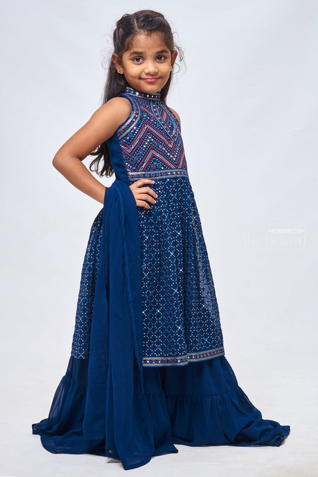 The Nesavu Girls Sharara / Plazo Set Lavish Faux Mirror Sequin Navy Blue Kurti & Sharara: Traditional Glamour for Girls Nesavu Kurti With Sharara Set | Traditional Outfit for Girls | the Nesavu