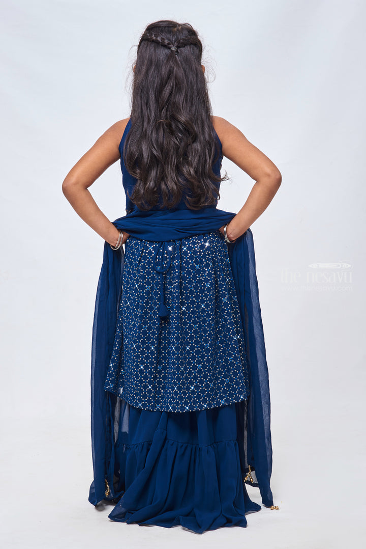 The Nesavu Girls Sharara / Plazo Set Lavish Faux Mirror Sequin Navy Blue Kurti & Sharara: Traditional Glamour for Girls Nesavu Kurti With Sharara Set | Traditional Outfit for Girls | the Nesavu